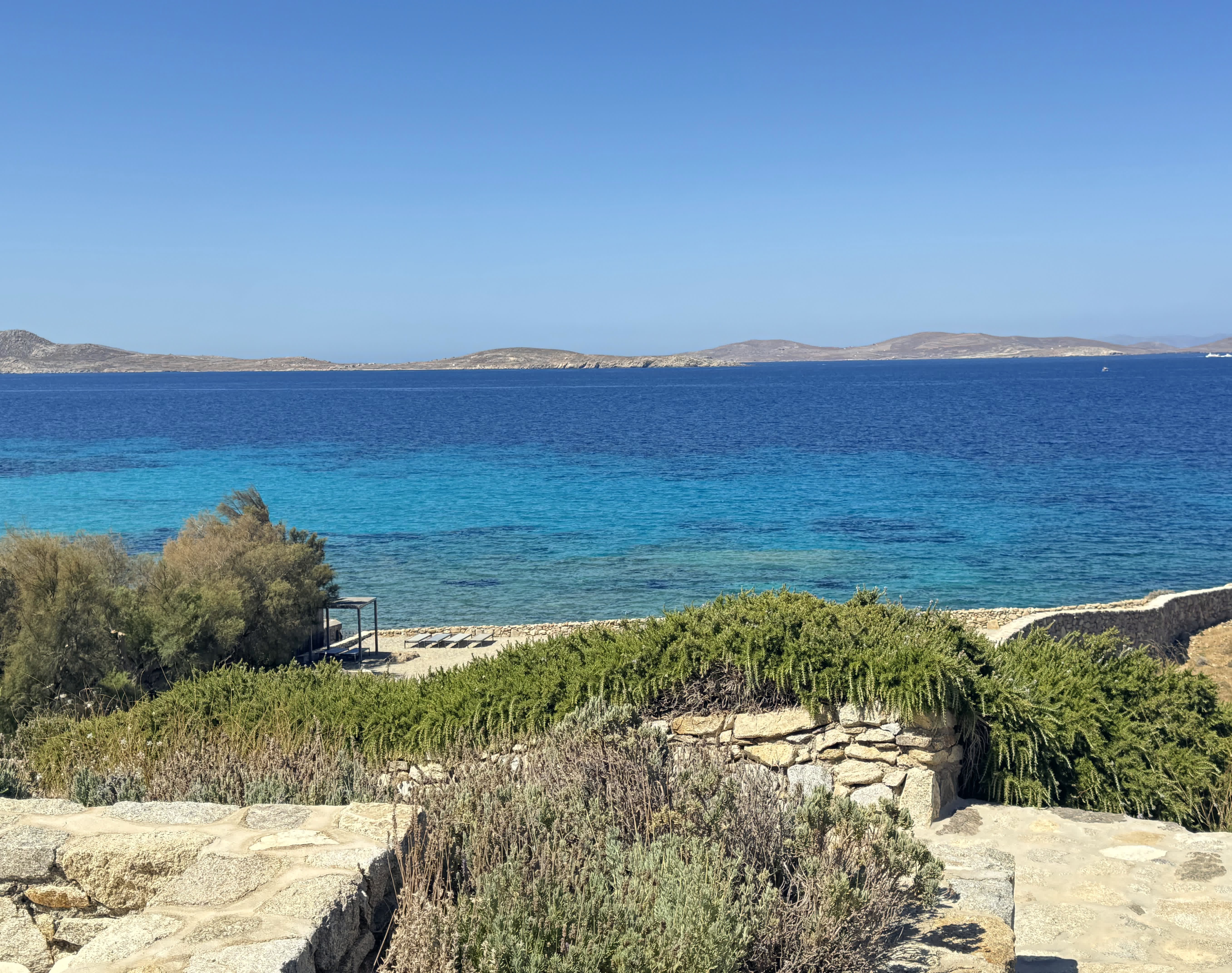 The private beach below the villa, looking toward Delos